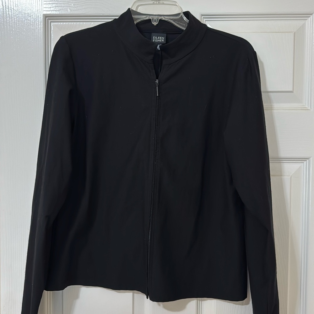Eileen Fisher Women’s Small Black Zip Front Jacket Lightweight Mandarin Collar